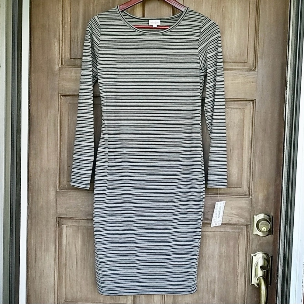 ‼️LULAROE Long-Sleeve Striped Bodycon ‘Julia’ Dress Small Gray & Black